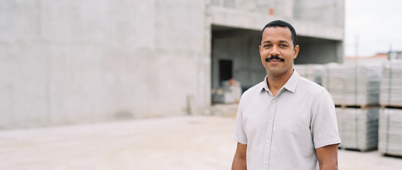 Comprador de obra de bigode e camisa cinza-clara sorri, tranquilo, no canteiro de obras, com a estrutura de concreto desfocada ao fundo, à luz do dia.