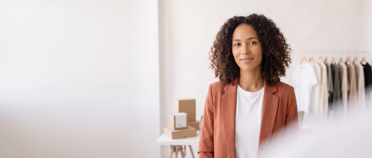 A marketing director smiles calmly in a bright brand studio, with a rail of unlabeled garments and plain product boxes behind her in daylight.