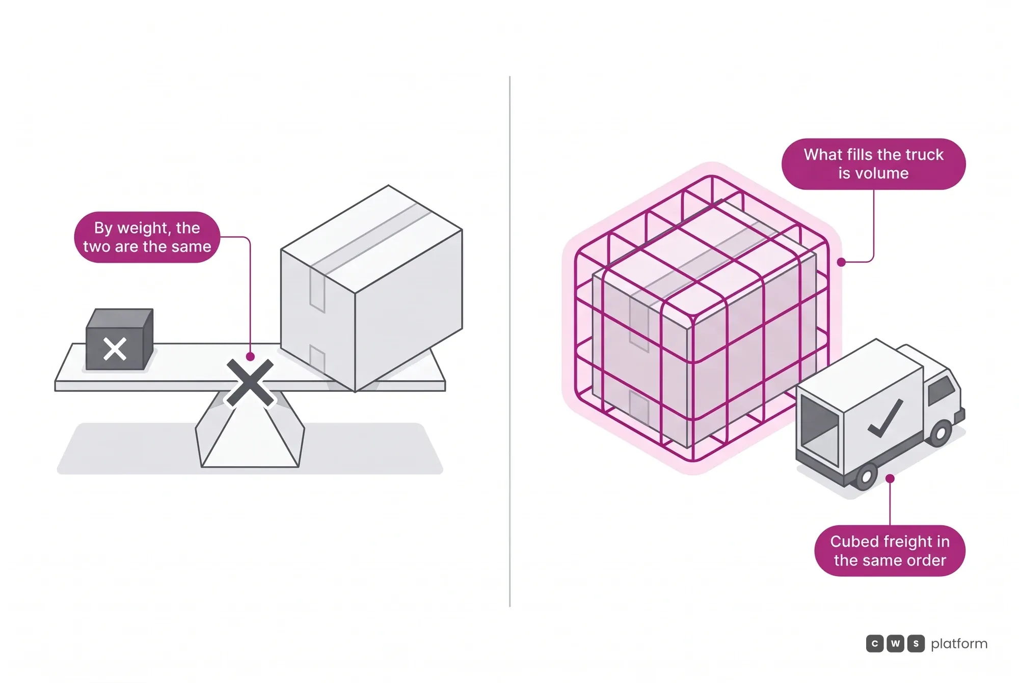 Comparison between charging freight by weight, which equates dense and bulky loads, and cubed freight, which measures the space taken in the truck.