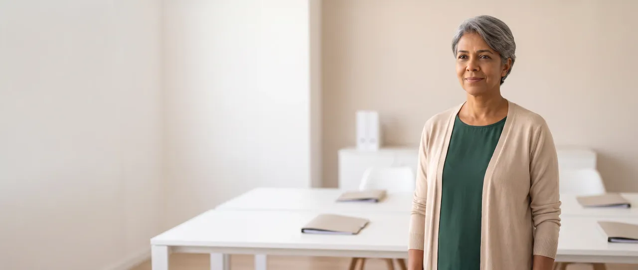 Gerente comercial de cabelo grisalho curto sorri, tranquila, no escritório claro de uma distribuidora, com mesas de trabalho desfocadas ao fundo, de dia.