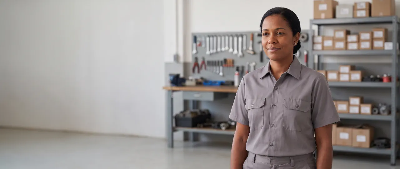 Mecânica de uniforme cinza sorri, tranquila, na oficina independente bem iluminada, com bancada, ferramentas e prateleiras de peças desfocadas ao fundo.