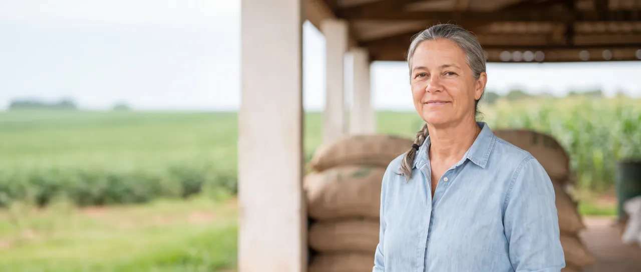 Produtora rural de trança grisalha e camisa de brim azul sorri, serena, na varanda do galpão da fazenda, com a lavoura verde desfocada ao fundo, de dia.