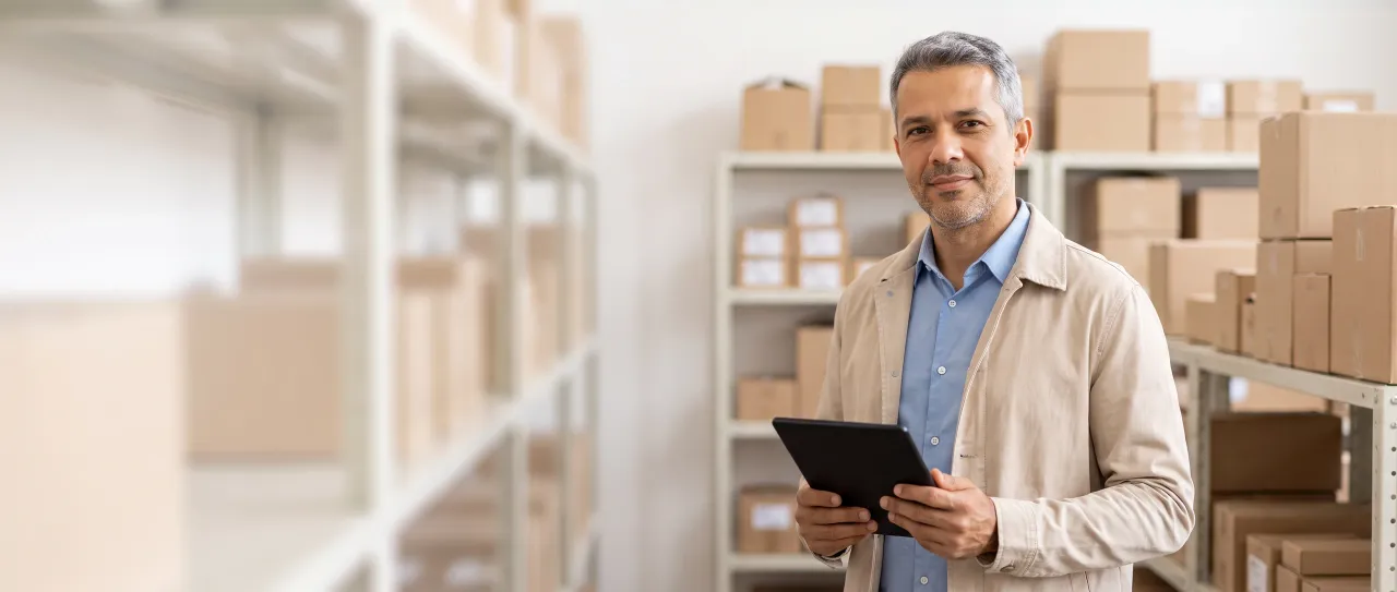 Representante comercial sorri satisfeito no estoque claro de um cliente, com o tablet na mão e prateleiras de caixas sem marca ao fundo, de dia.