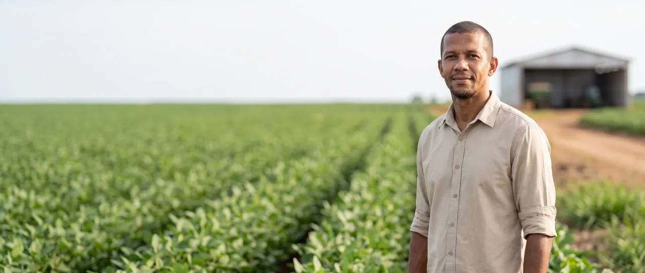 RTV de uma distribuidora agro sorri, tranquilo, de camisa de campo cor de areia na beira da lavoura, com o galpão da fazenda desfocado ao fundo, de dia.