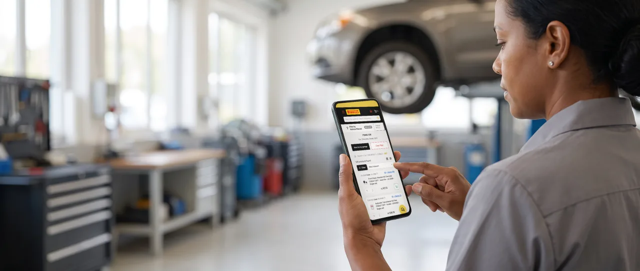 Workshop technician in a grey uniform holds a phone next to a car on a lift; the screen shows Pirelli Conecta filtered by vehicle.