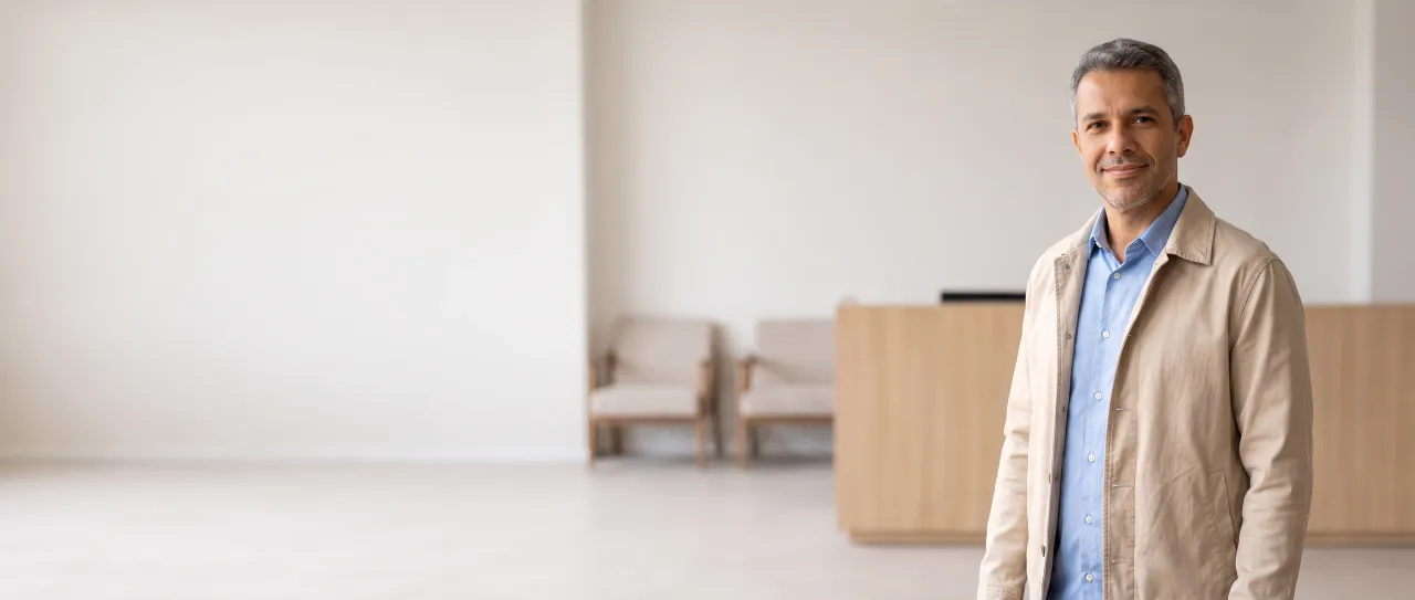 Vendedor de cabelo grisalho curto e jaqueta bege sorri, tranquilo, na recepção clara do escritório, com balcão liso e poltronas desfocados ao fundo, de dia.