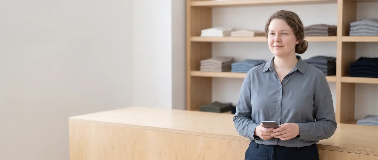 A store sales associate smiles calmly behind a light-wood counter, phone in hand, with shelves of folded unlabeled garments behind her in daylight.