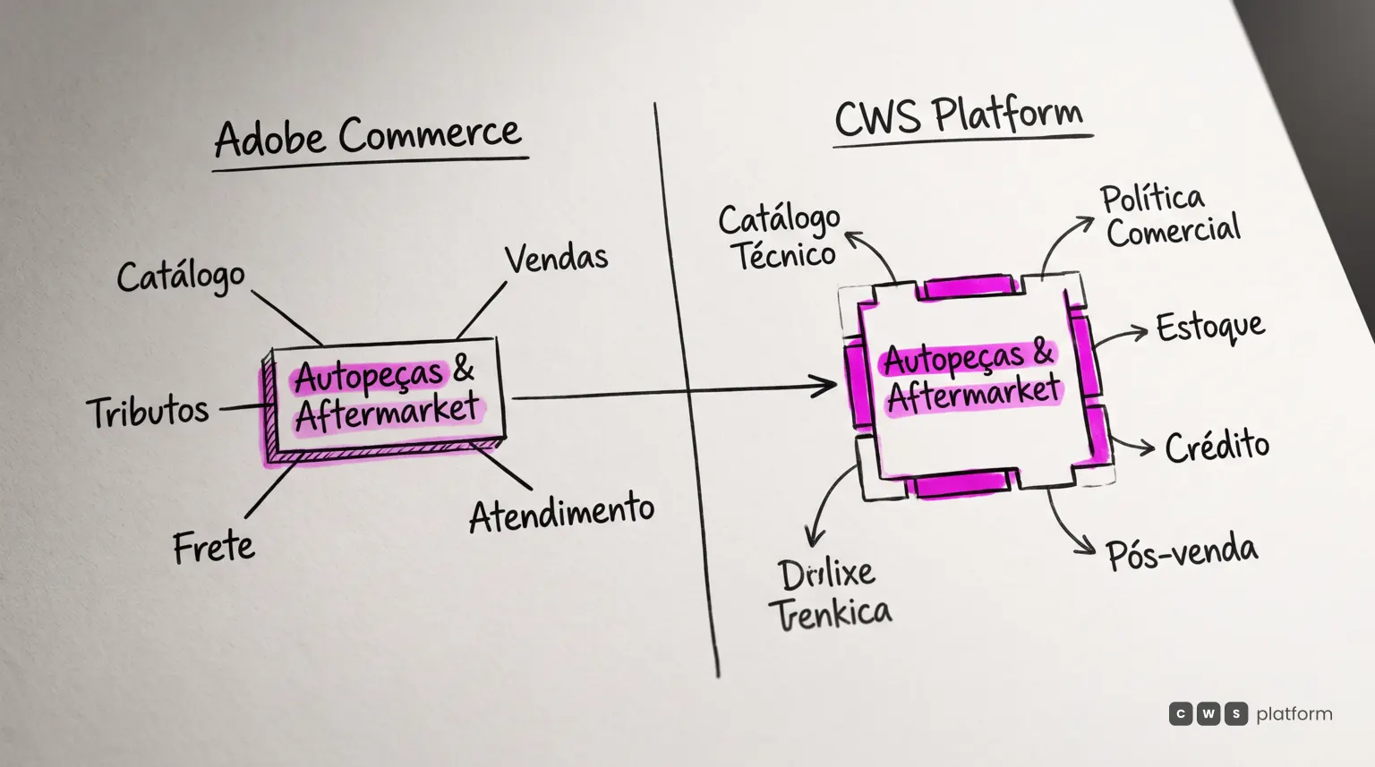 Comparação entre as arquiteturas Adobe Commerce e CWS Platform para a distribuição B2B de autopeças.