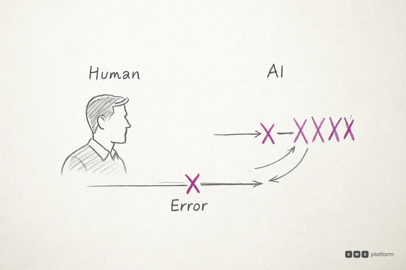 Hand-drawn sketch shows a single human error multiplying into five errors once it passes through the AI.