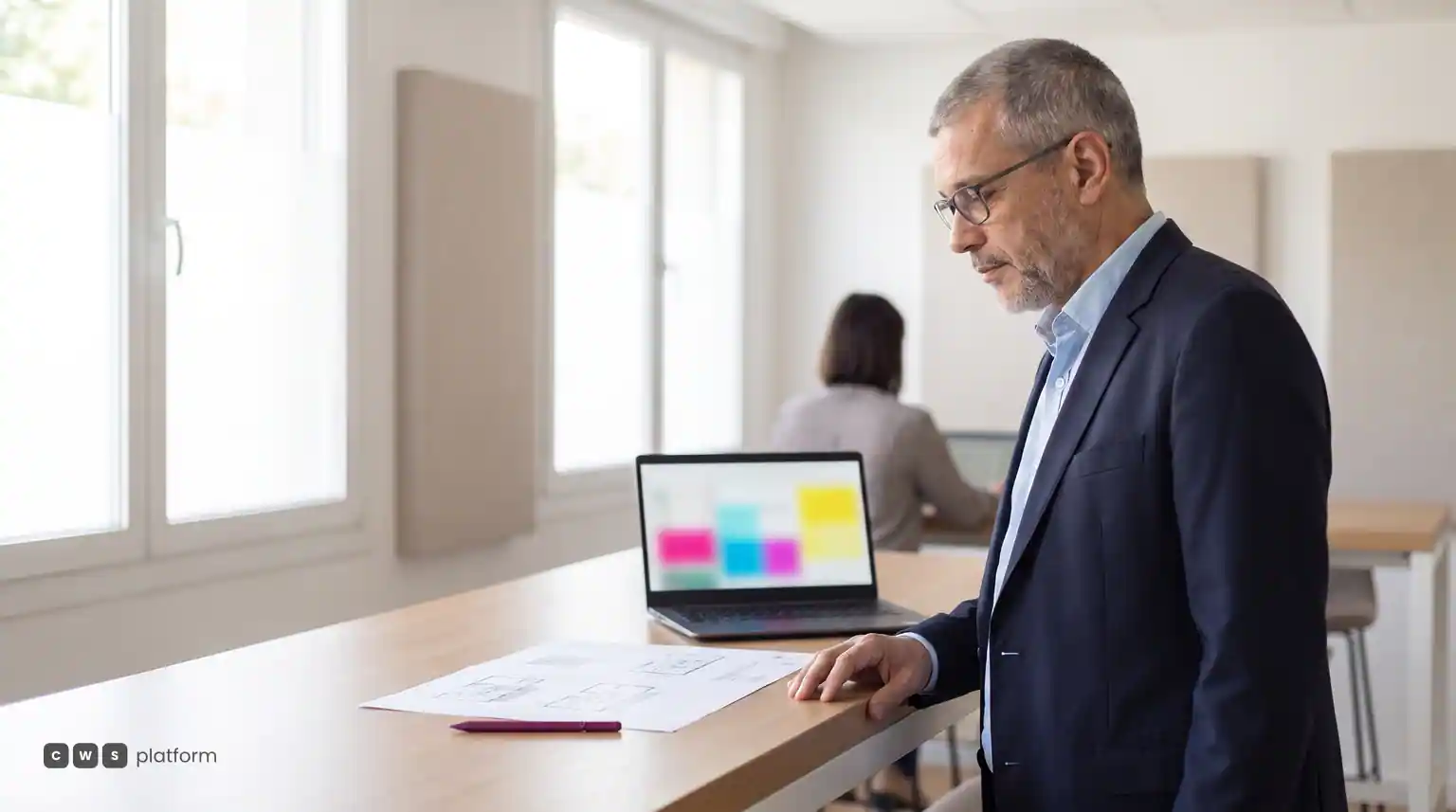 Homem de óculos e blazer azul-marinho examina papéis sobre uma mesa, ao lado de um notebook aberto, com uma colega sentada ao fundo.