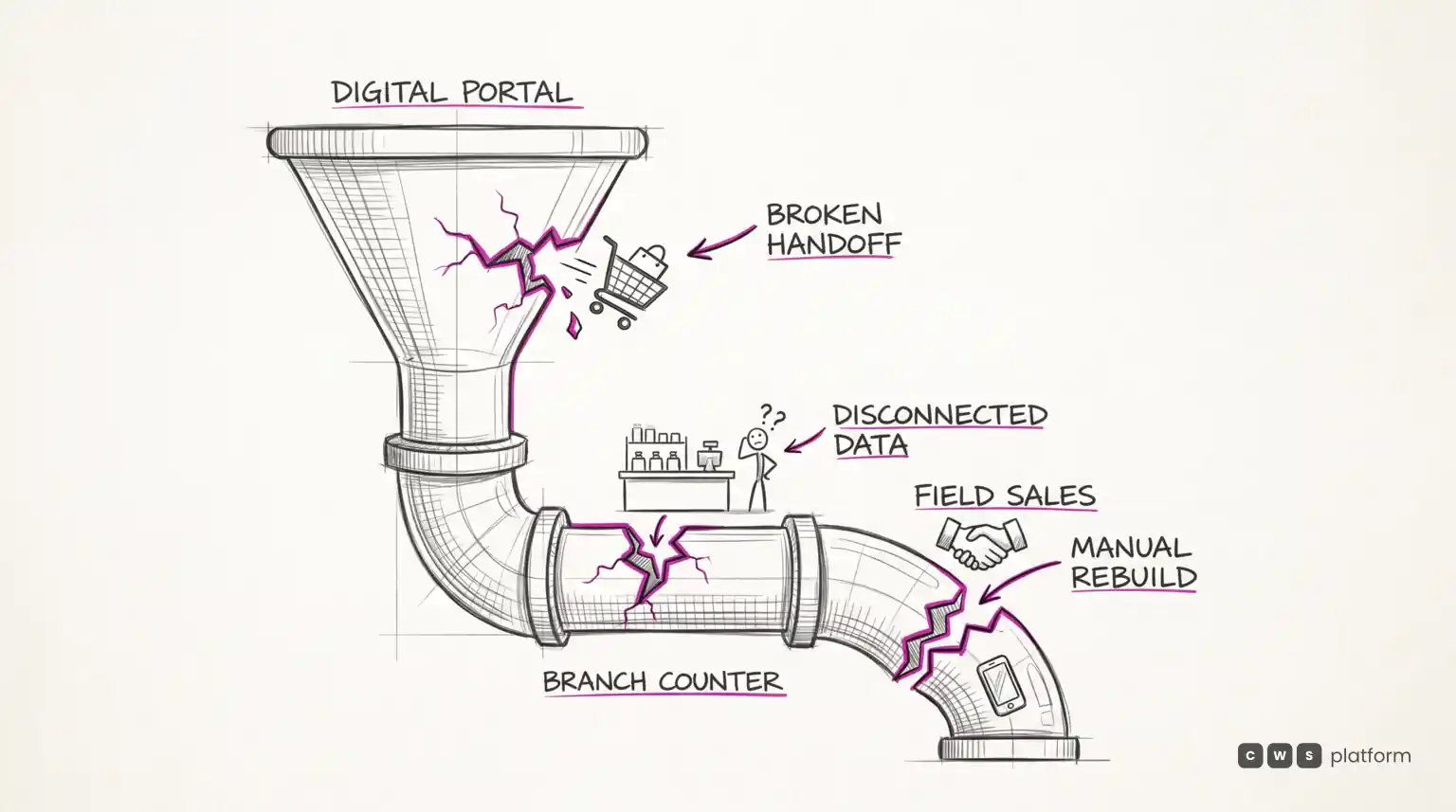 Cracked pipe diagram links Digital Portal, Branch Counter, Field Sales with broken handoff and disconnected data labels.