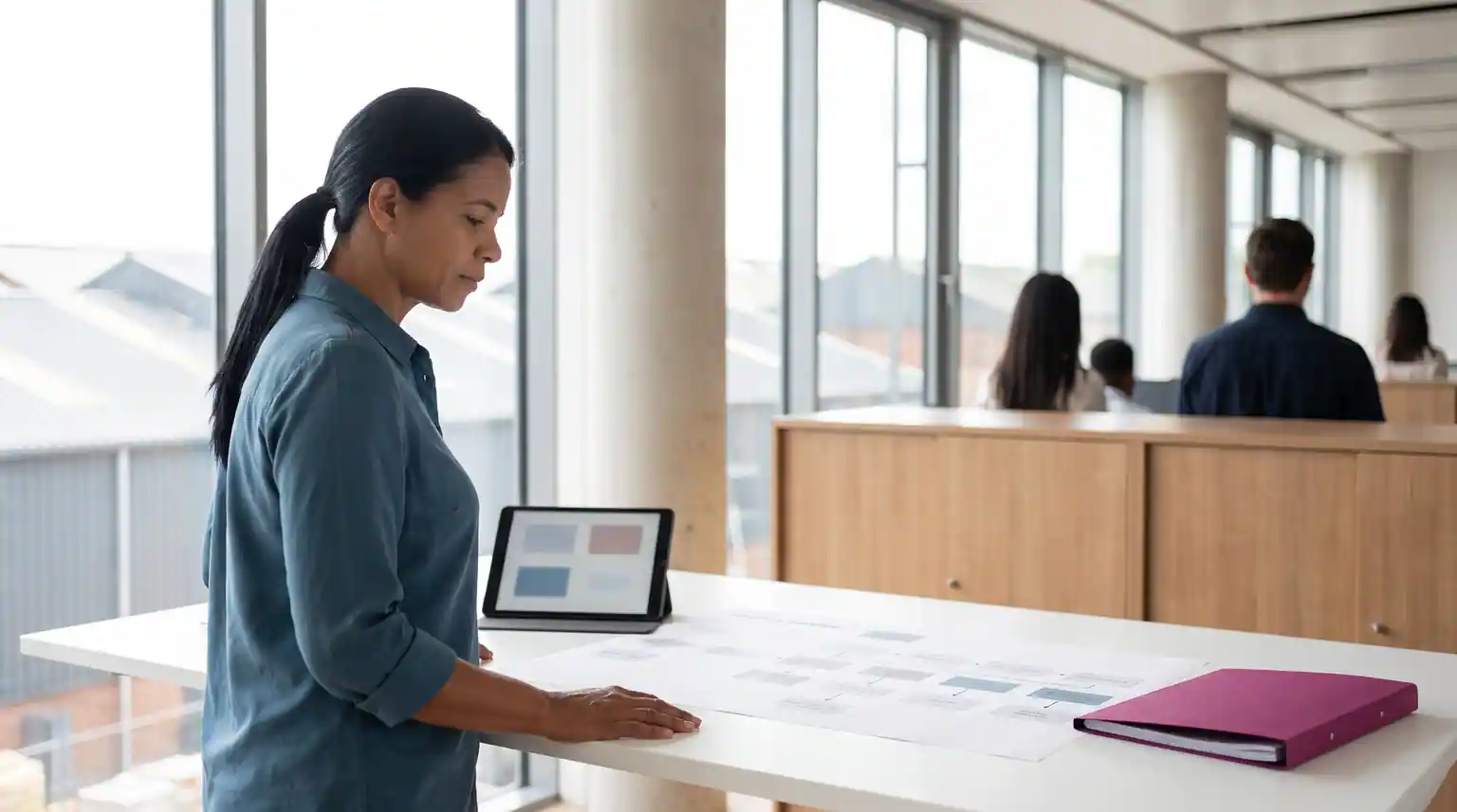 Diretora de operações analisando documentos e um tablet numa mesa, com o centro de distribuição ao fundo
