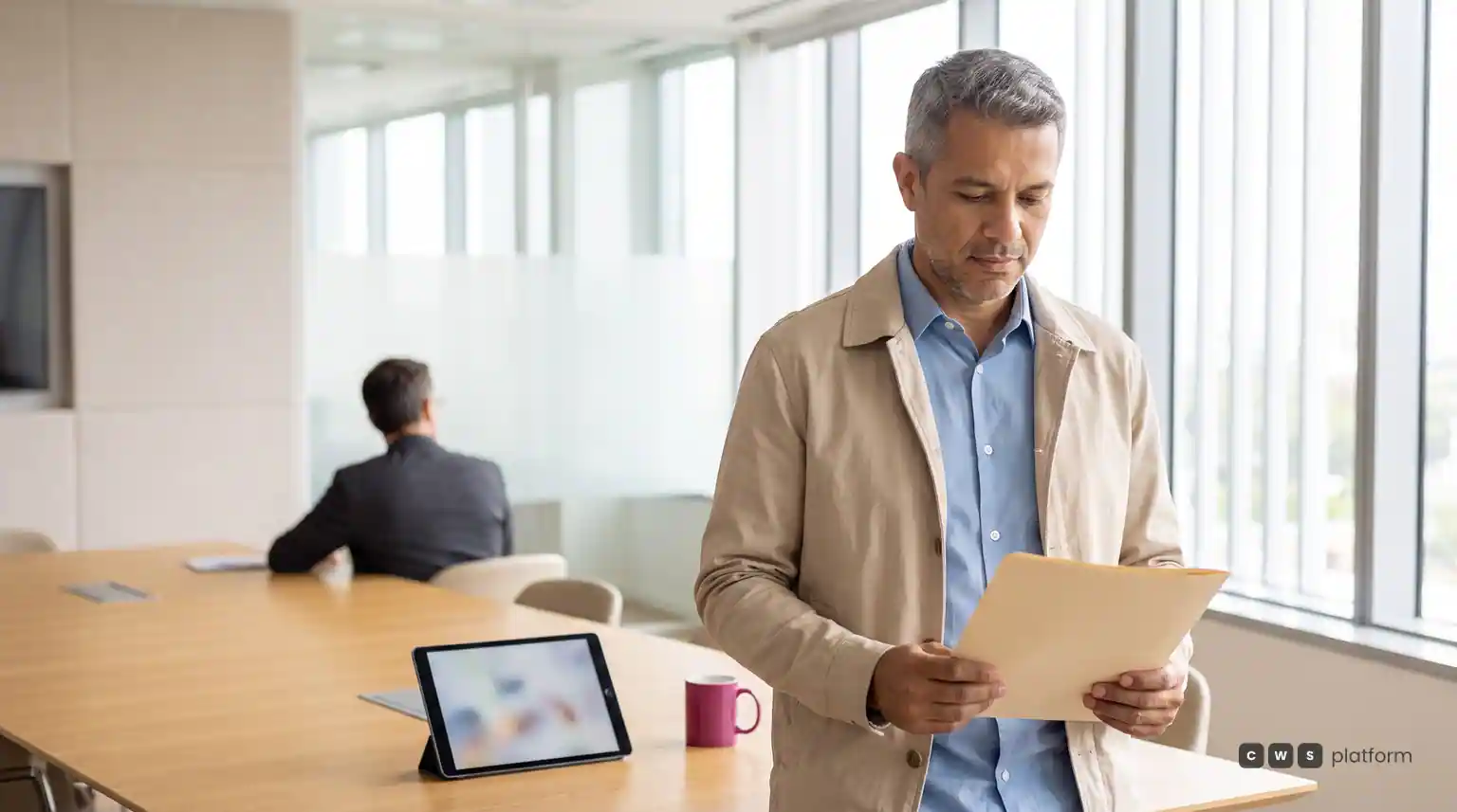 Vendedor externo lendo um documento de pé ao lado da mesa de reunião, com um tablet sobre a mesa.