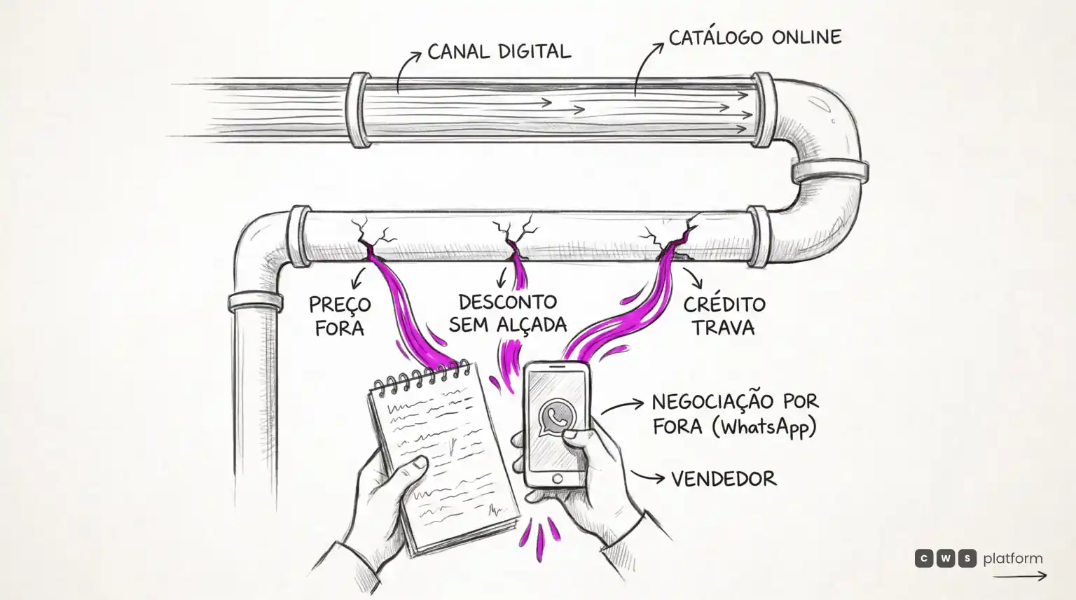 Portal de vendas B2B com preço, desconto e crédito escapando do controle nas bordas do fluxo