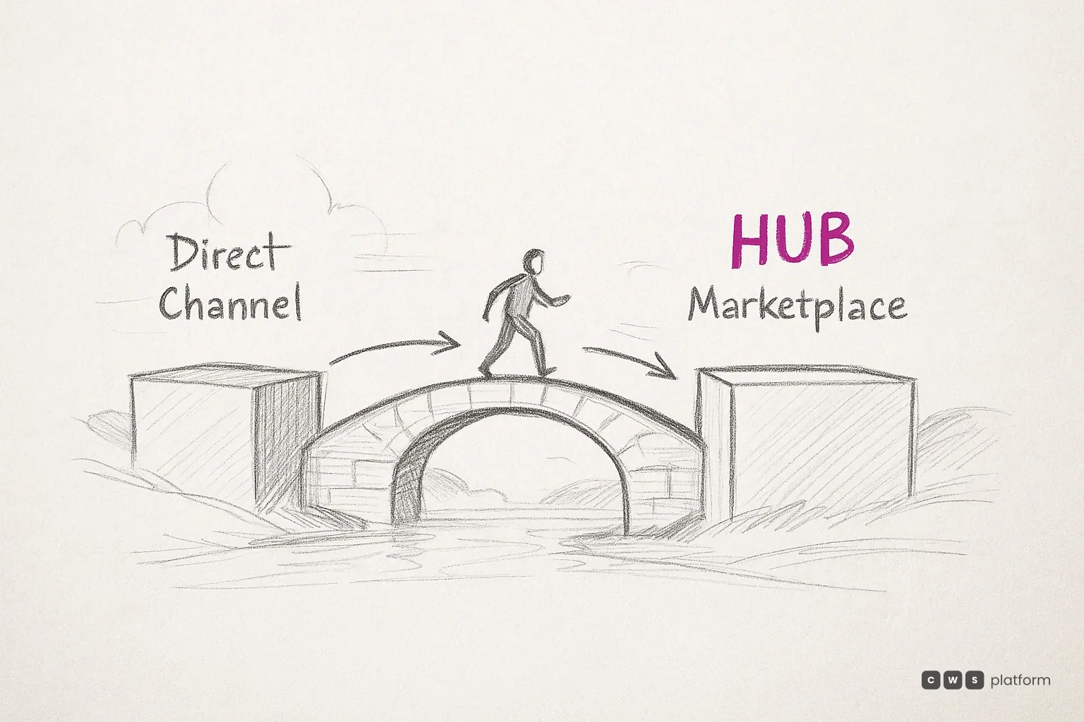 Diagram showing a third-party marketplace as a B2B demand entry point connected by buyer journey arrows to a branded portal where margin is built