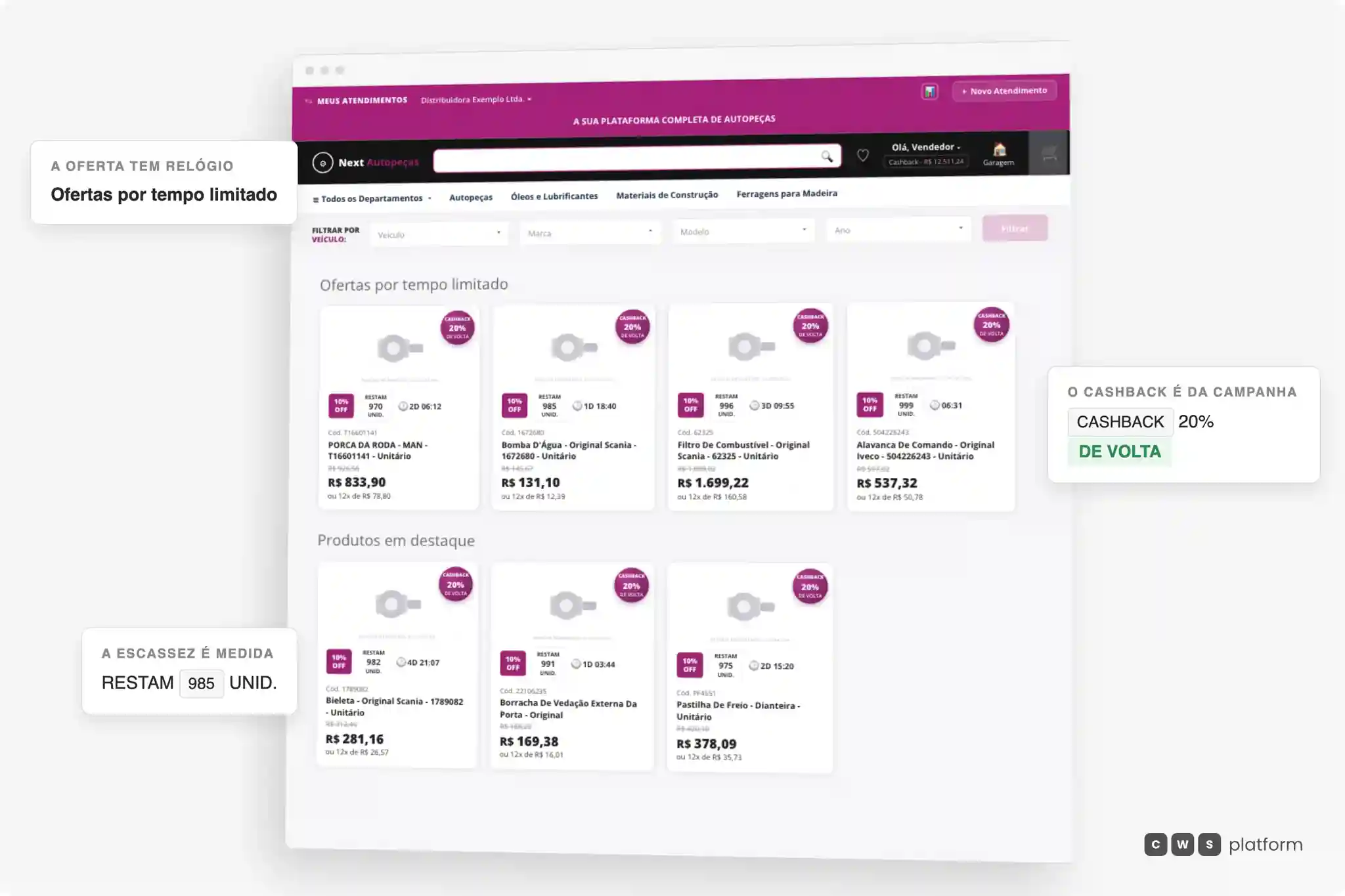 Vitrine de ofertas da CWS Platform dentro do atendimento do vendedor: cards de produto com selo de 10% de desconto, cashback de 20% de volta, contagem regressiva do fim da oferta, as unidades restantes de cada item e o preço com e sem desconto mais o parcelamento.