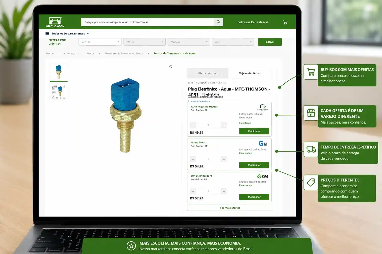 Laptop screen on MTE-THOMSON Store shows a product page with multiple retailer offers listing price, delivery time, and stock