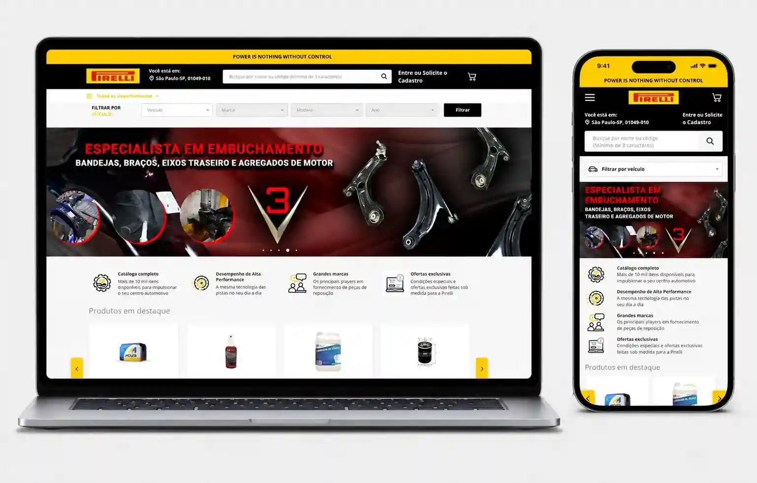 Plataforma Pirelli Conecta exibida em notebook e smartphone com catálogo de peças e filtros de busca