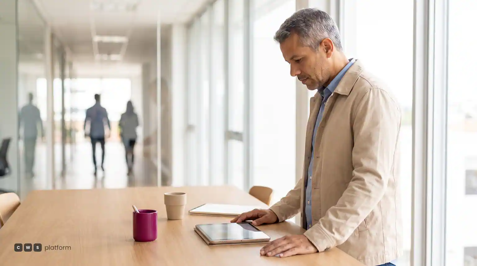 Representante comercial consulta o pedido num tablet antes de responder ao cliente