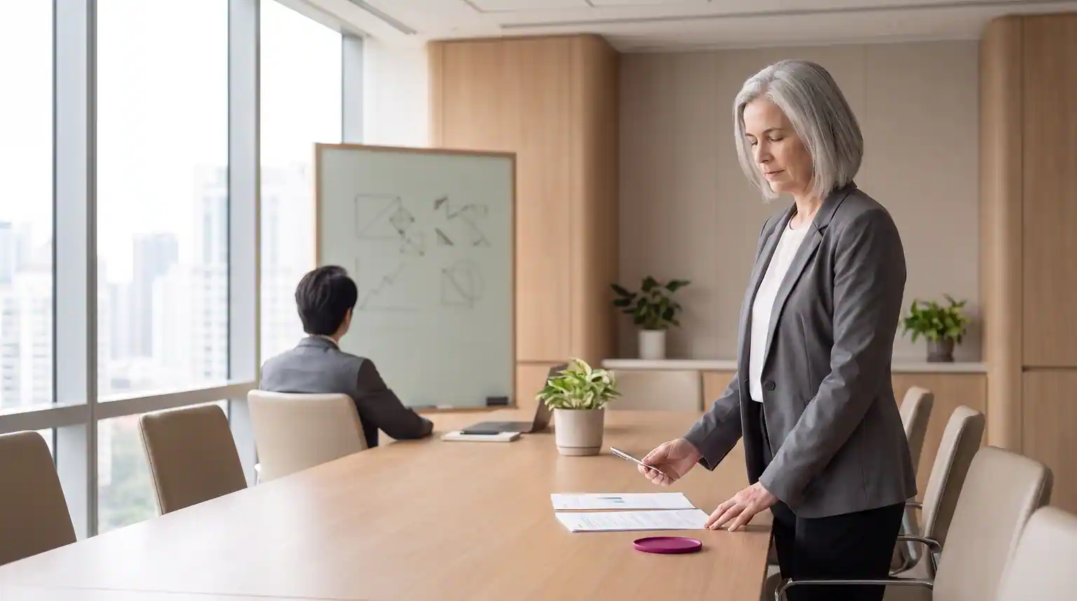CEO de cabelo grisalho revisando papéis na mesa de reunião, com um quadro de diagramas ao fundo.