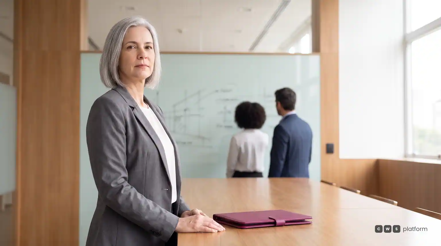 Executive standing beside a conference table, with two colleagues in the background discussing a diagram on a whiteboard.