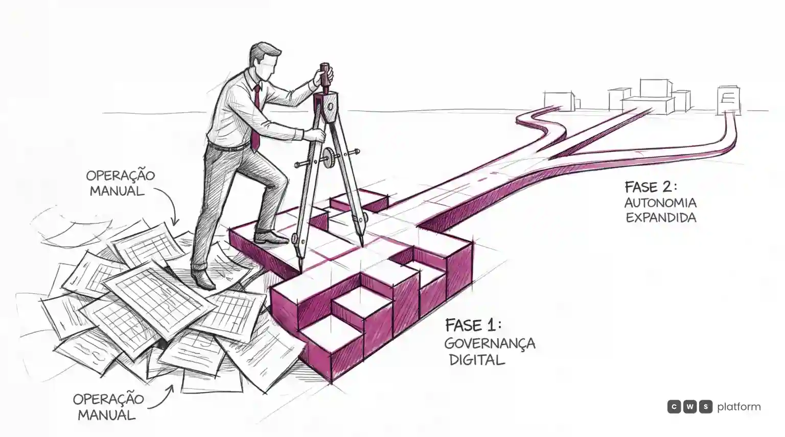 Vendedor conduzindo a digitalização B2B em duas fases, da operação comercial à autonomia governada